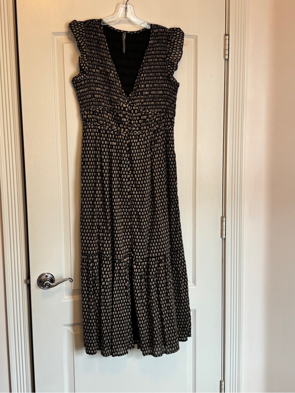 Anthropologie Black and Cream Printed Maxi Dress